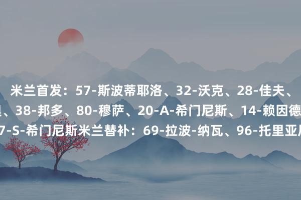 米兰首发：57-斯波蒂耶洛、32-沃克、28-佳夫、46-加比亚、19-特奥、38-邦多、80-穆萨、20-A-希门尼斯、14-赖因德斯、11-普利西奇、7-S-希门尼斯米兰替补：69-拉波-纳瓦、96-托里亚尼、42-泰拉恰诺、24-弗洛伦奇、33-巴特萨基、23-托莫里、29-福法纳、99-索蒂尔、10-莱奥、90-亚伯拉罕、9-约维奇、21-丘库埃泽、79-菲利克斯莱切首发：30-法尔科内、12-吉尔伯特、6-巴斯奇罗托、19-加比-吉恩、25-加略、29-L-库利巴利、14-赫尔加松、50-皮耶罗蒂、5-贝里沙、7-莫伦特、9-克尔斯托维奇莱切替补：32-萨莫亚、1-弗吕希特尔、4-加斯帕尔、99-萨拉、44-T-加布里埃尔、17-达尼洛-维加、75-皮埃雷、8-拉菲亚、20-拉马达尼、77-卡巴、22-邦达、10-恩德里、37-卡尔森、23-伯内特、3-雷比奇【赛前信息】    体育赛事直播