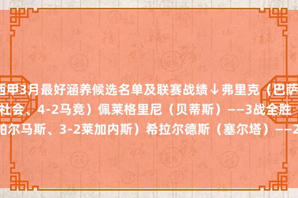 西甲3月最好涵养候选名单及联赛战绩↓弗里克（巴萨）——2战全胜（4-0皇家社会、4-2马竞）佩莱格里尼（贝蒂斯）——3战全胜（2-1皇马、1-0拉斯帕尔马斯、3-2莱加内斯）希拉尔德斯（塞尔塔）——2胜1平（2-2赫罗纳、2-1莱加内斯、1-0巴拉多利德）    让球网体育信息