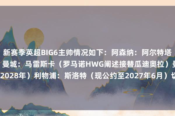 新赛季英超BIG6主帅情况如下:阿森纳:阿尔特塔(现公约至2027年6月)曼城:马雷斯卡(罗马诺HWG阐述接替瓜迪奥拉)曼联:卡里克(签约至2028年)利物浦:斯洛特(现公约至2027年6月)切尔西:哈维·阿隆索(已官宣7月1日上任)热刺:德泽尔比(现公约至2031年6月) 体育录像/图片